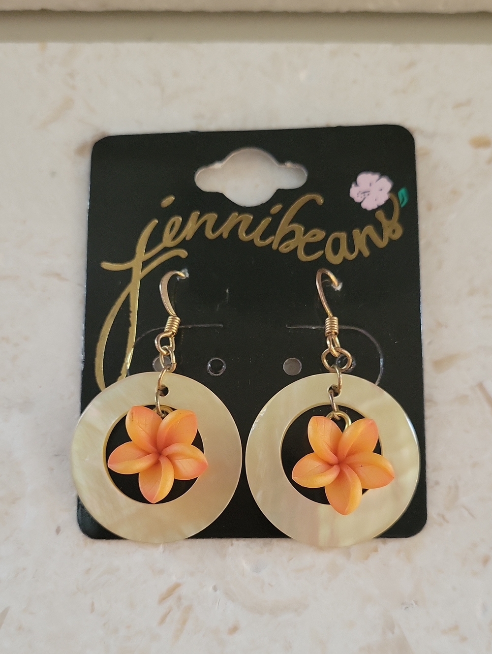 Orange Plumeria Flower Mother-of-Pearl Hoop Earrings